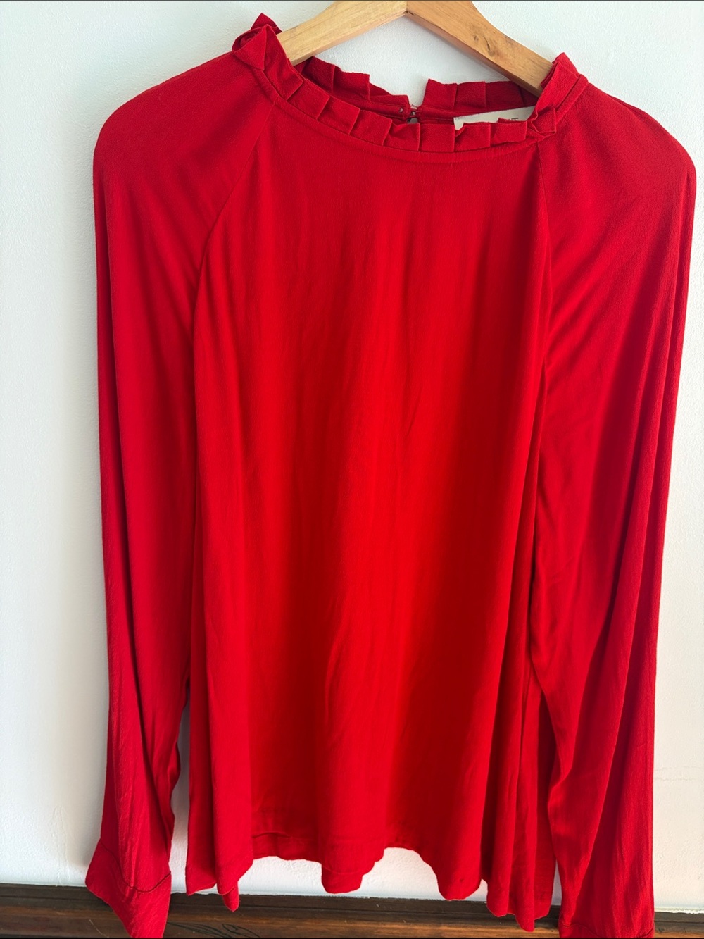Loft Red Women's Long-Sleeve Ruffle Neck Top size Large